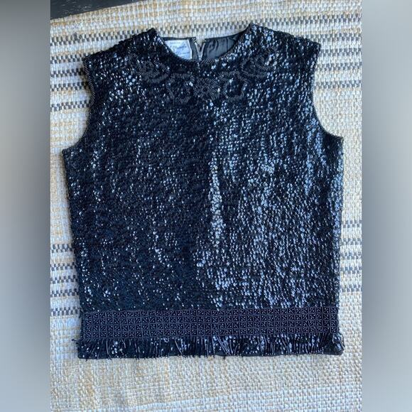 Vintage 50's Black‎ Beaded Sequins sleeveless top Blouse John Wanamaker M medium - Picture 1 of 9